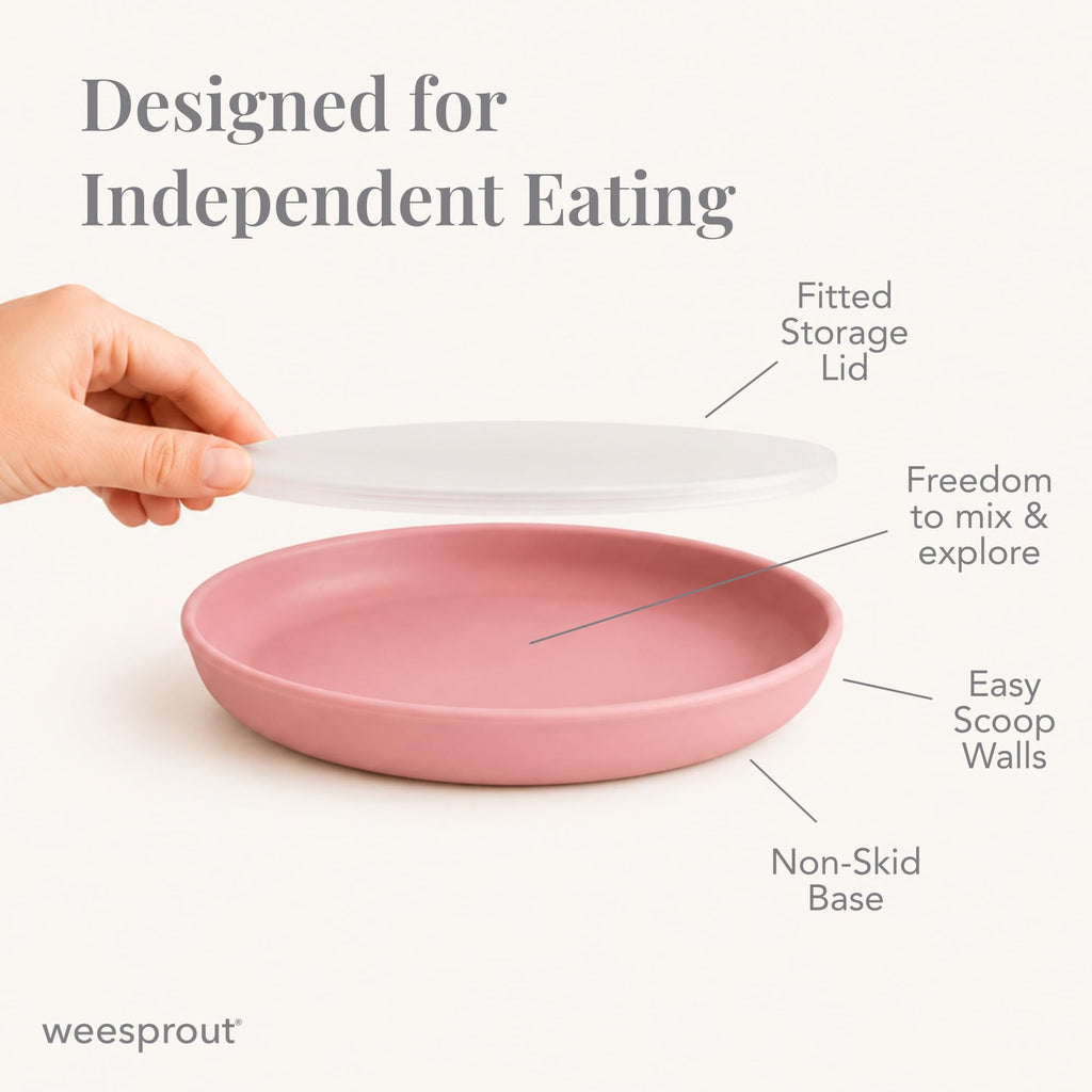 WeeSprout Baby & Toddler Non-Suction Plates with Lids, 100% Food Grade Silicone Plates, Premium Hard Plastic Lids, Unbreakable Design, Microwave & Dishwasher Safe, 3 Pack