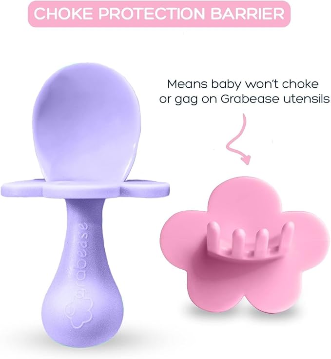 Grabease Baby Feeding Utensils Set - Infant and Baby Fork and Weaning Spoon for Ages 1-11 Months, BPAs and Phthalate-Free Cutlery, 2 Sets, Blush and Lavender