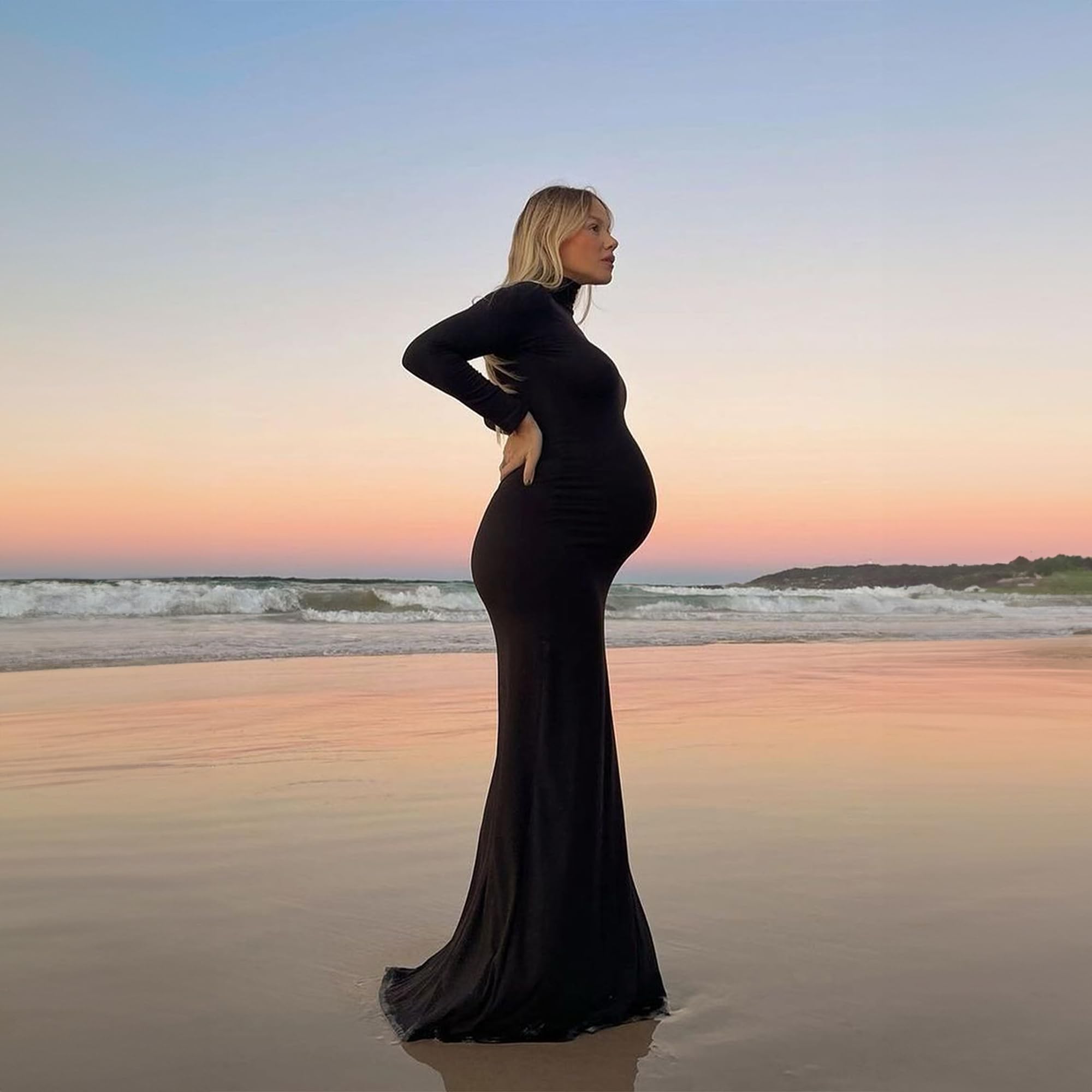 BUMPSUIT Maternity Maxi Dress Thigh High Slit, Women Long Sleeve Soft Stretchable Fabric Turtleneck Bodycon Pregnancy Dress with Back Zipper for Baby Shower Black