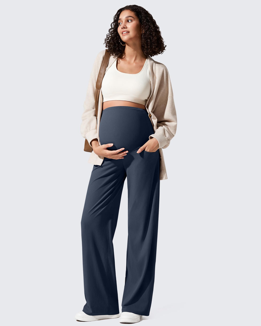 G4Free Maternity Wide Leg Pants Over The Belly Stretchy Lounge Comfy Pregnancy Casual Trousers with Pockets(Dark Navy,S,Regular)