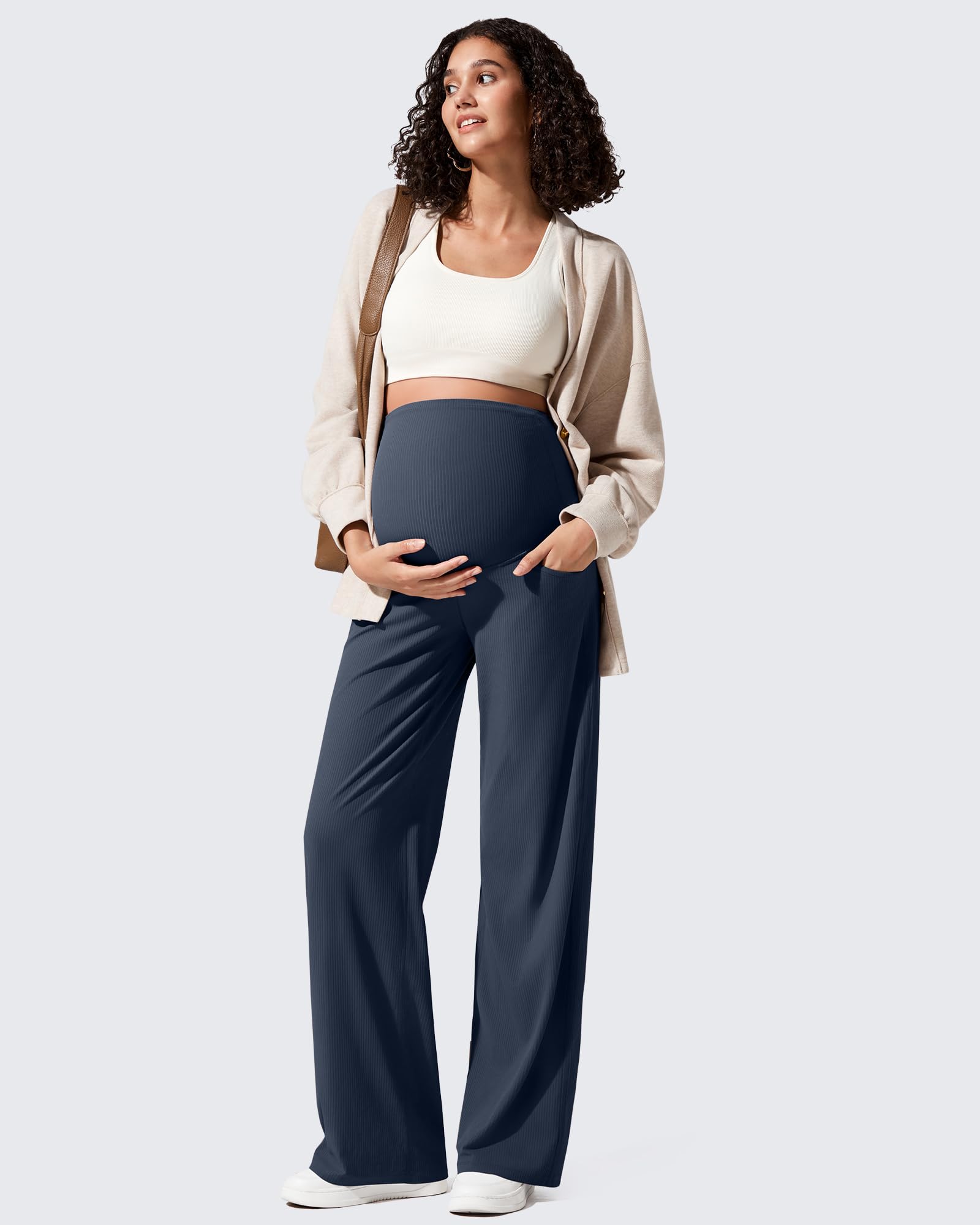 G4Free Maternity Wide Leg Pants Over The Belly Stretchy Lounge Comfy Pregnancy Casual Trousers with Pockets(Dark Navy,S,Regular)
