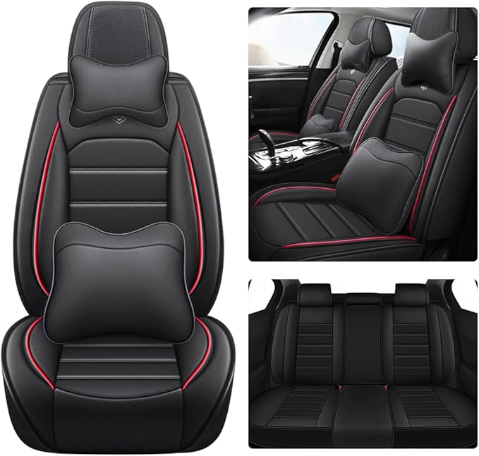 Leather Seat Cover for Ford Edge 2010-2026,Waterproof Soft Seat Covers,Interior Accessories Seat Covers Cushion Vehicle Protector Airbag Compatible(Black&Red,Full Set with Pillow)