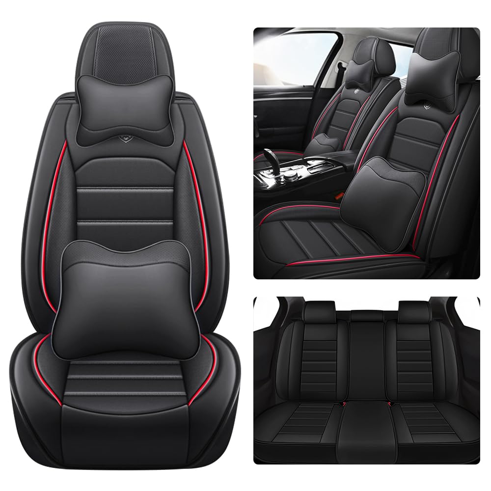 LEYPOCO Leather Seat Cover for Ford Edge 2010-2026,Waterproof Soft Seat Covers,Interior Accessories Seat Covers Cushion Vehicle Protector Airbag Compatible(Black&Red,Full Set with Pillow)