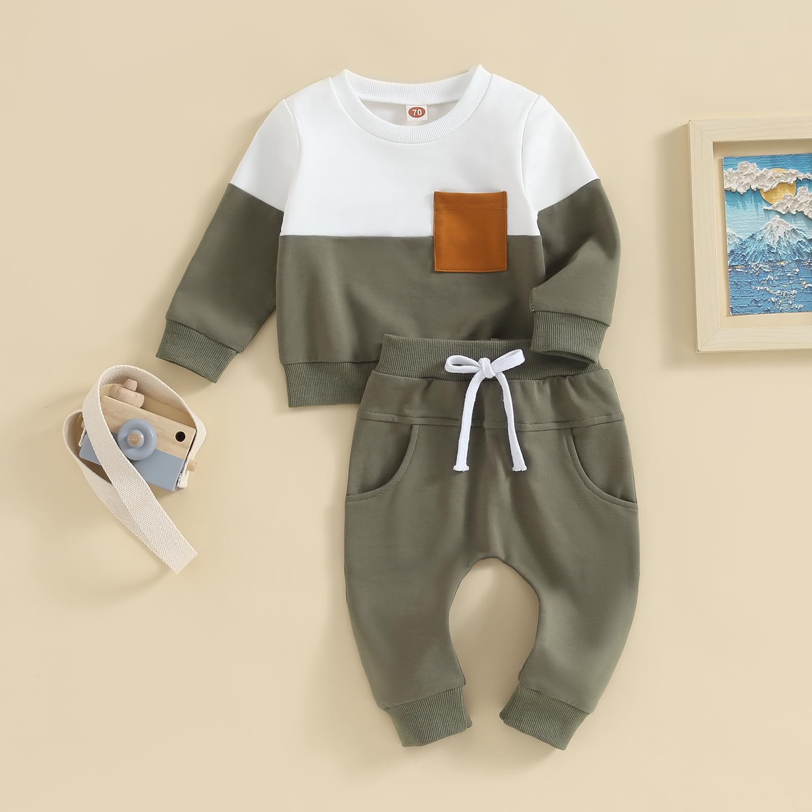 Lucikamy Toddler Baby Boy Fall Outfits Long Sleeve Crew Neck Pullover Sweatshirt + Jogger Pants Set Infant Winter Clothes (Army Green Blue Patchwork, 0-6 Months)