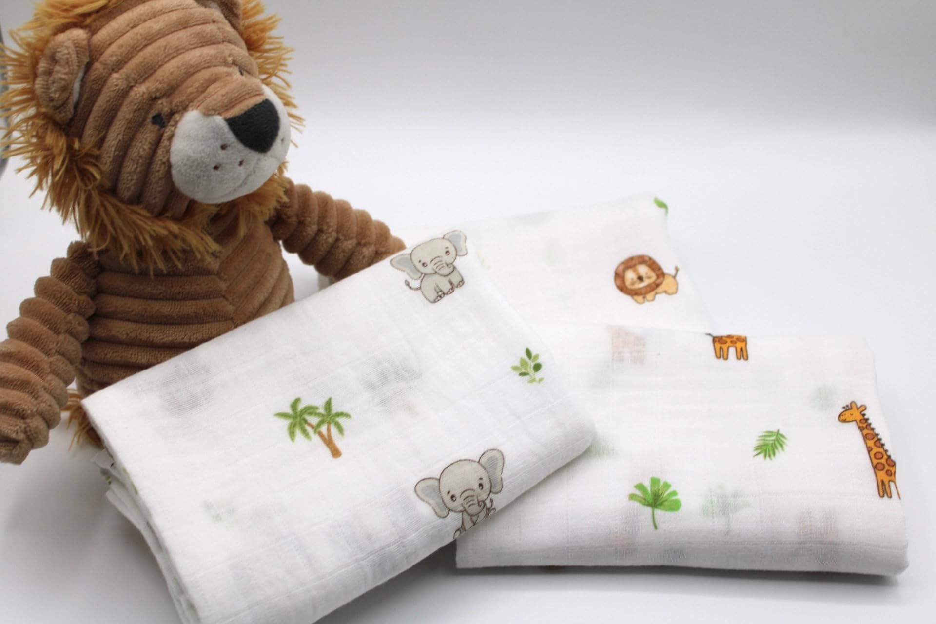 LMED Babyland 100% Muslin Cotton Baby Receiving Cloths, 3-Pack, 27x27 in (70x70cm), Soft & Gentle for Newborns, Sensitive Skin Safe, for Feeding, Burping & Comfort, 0+ Months (Safari)