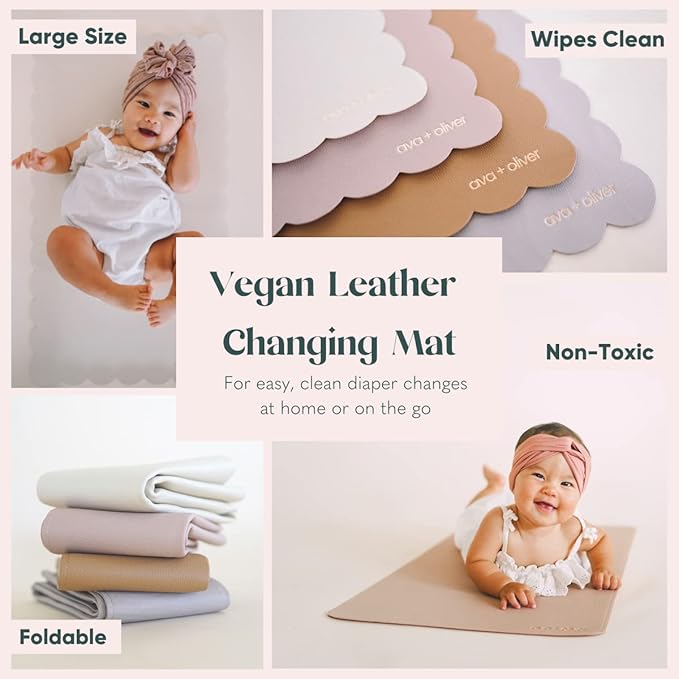 Ava + Oliver Vegan Leather Baby Changing Mat (16 X 30 in) - Multipurpose Wipeable and Portable Diaper Mat - Foldable for Travel (Tan Scallop)