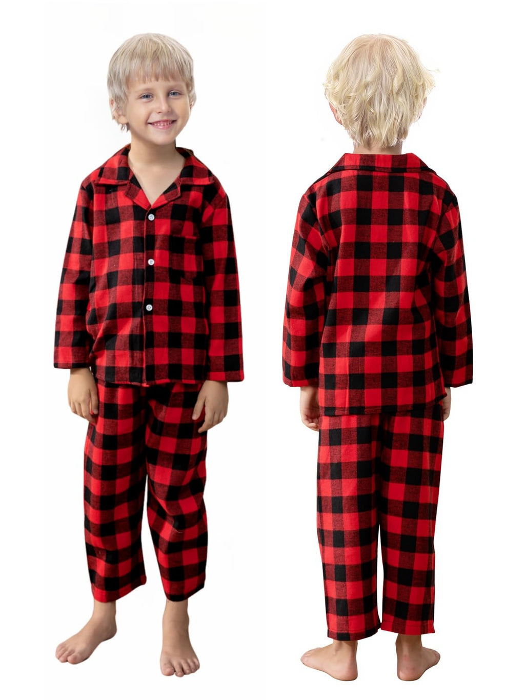 Schbbbta Kids Plaid Pajamas Set, Girls Boys 2-Piece Pajamas Set Long Sleeve Sleepwear Button Down Pjs, Red Black, 13-14 Years = Tag 170