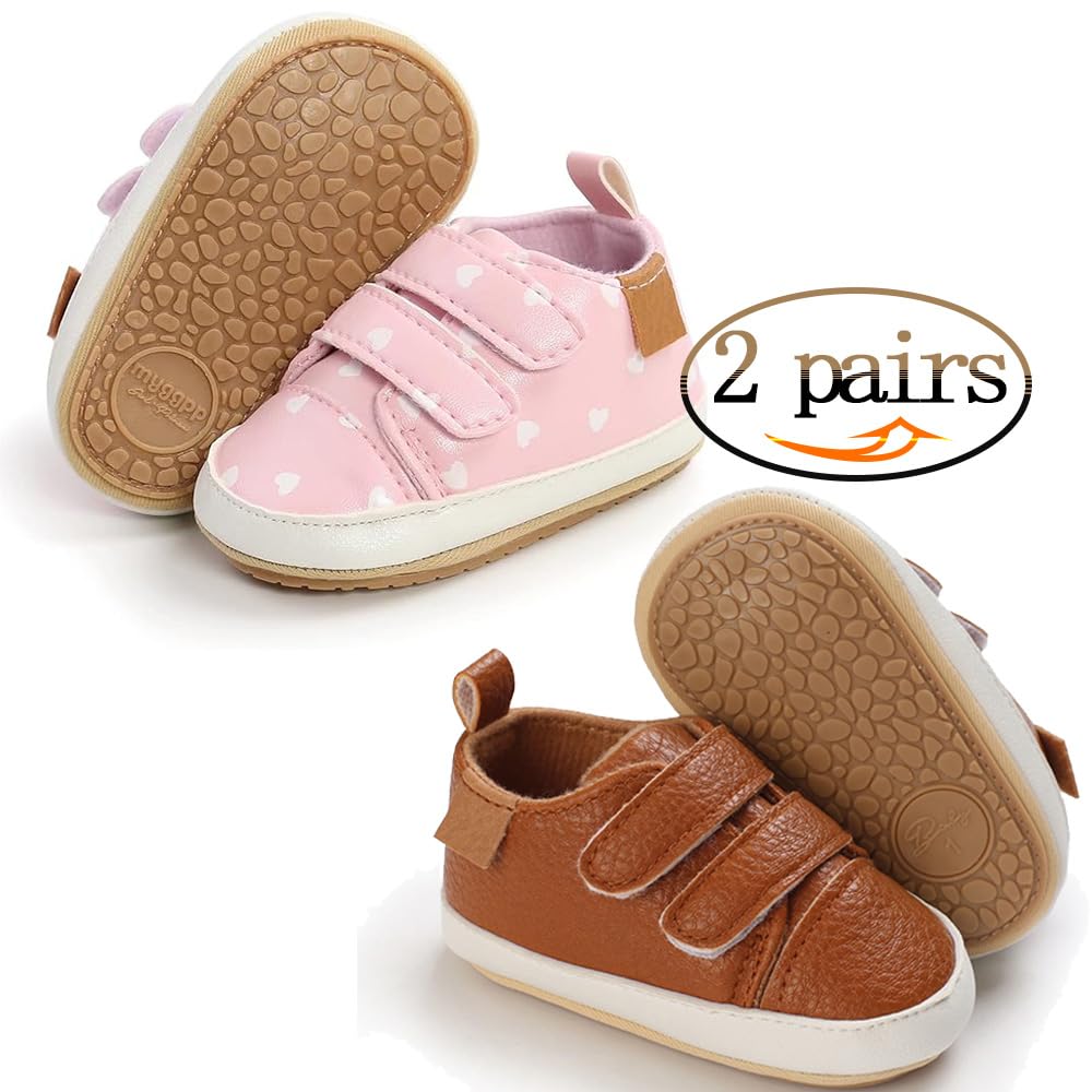 eitwo 2Pairs Baby Shoes,Boys Girls Non-Slip Rubber Sole Sneakers,Unisex Infant Soft Lightweight First Walking Hoes(2Pairs_Brown+PinkHeart,12-18 Months)