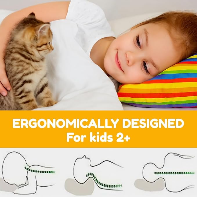 kinder Fluff Children Pillow (2Pk) 13x18in – Small Pillow for Kids Age 2+, Bright Rainbow Design, 100% Cotton Sateen Stripe 300T, Down Alternative Fill, Machine Washable, Colourful Kids Cushion - S