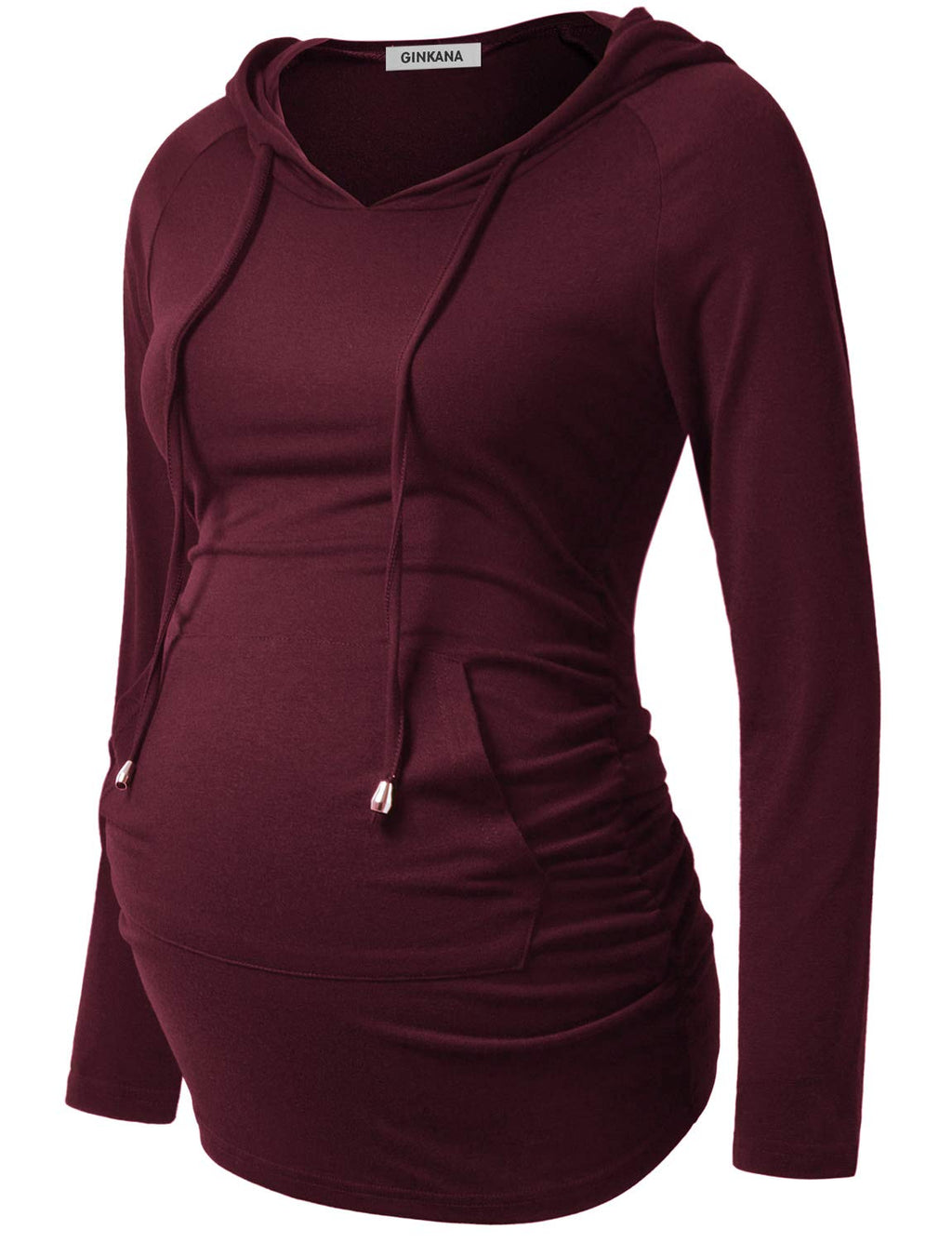 GINKANA Maternity Hoodie Sweatshirt Long Sleeve Basic Top Ruch Sides for Pregnant Women,Burgundy Red,Small