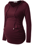 GINKANA Maternity Hoodie Sweatshirt Long Sleeve Basic Top Ruch Sides for Pregnant Women,Burgundy Red,Small