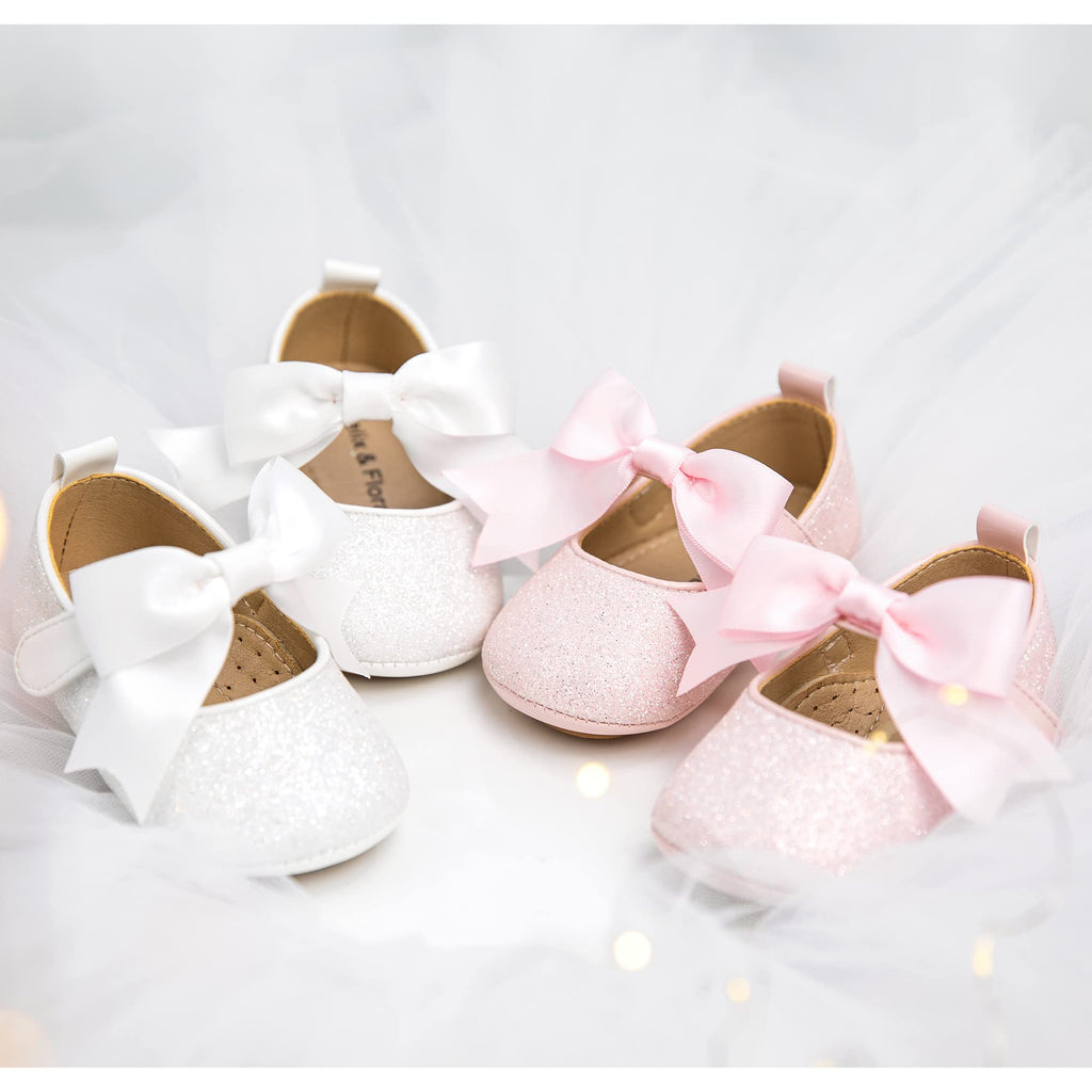 Soft Sole Leather Glitter Light Pink Baby Shoes - Infant Baby Walking Shoes Moccasinss Rubber Sole Crib Shoes(Glitter Light Pink,6-9 Months Infant)