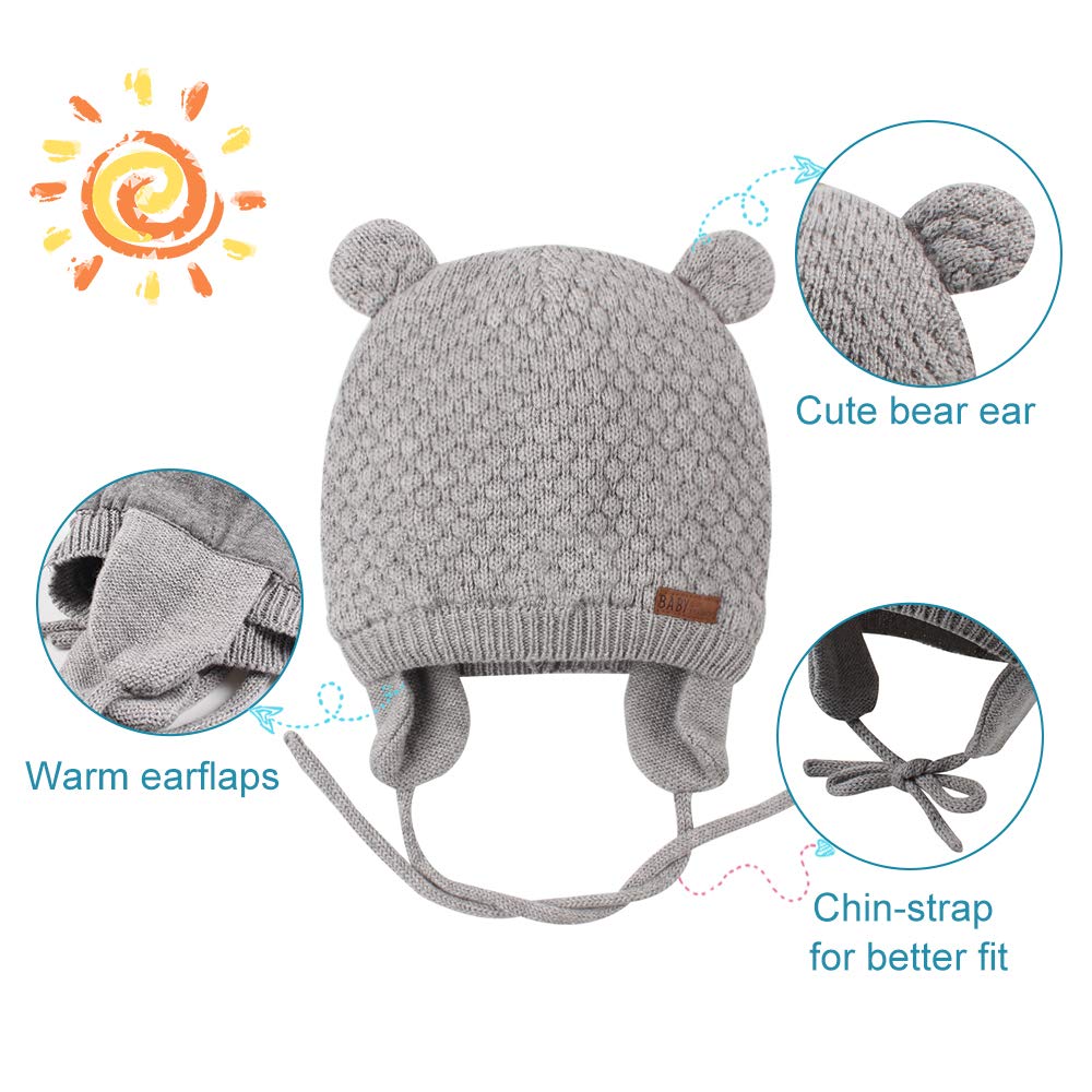 BAVST Baby Toddler Winter Beanie Warm Boys Girls Earflap Hat Infant Knit Caps Cute Bear Soft Cotton Lining for 0-36M (Grey, M(6-12M))