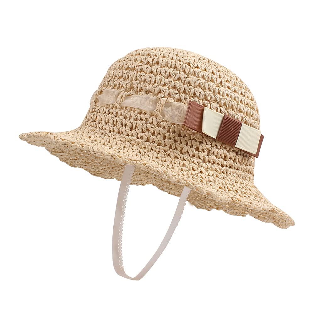 JANGANNSA Baby Girl Straw Hat Outdoor Baby Sun Protection Hats Summer Bowknot Beach Cap for Infant Toddler Girls (Beige Bow, 6-24 Months)