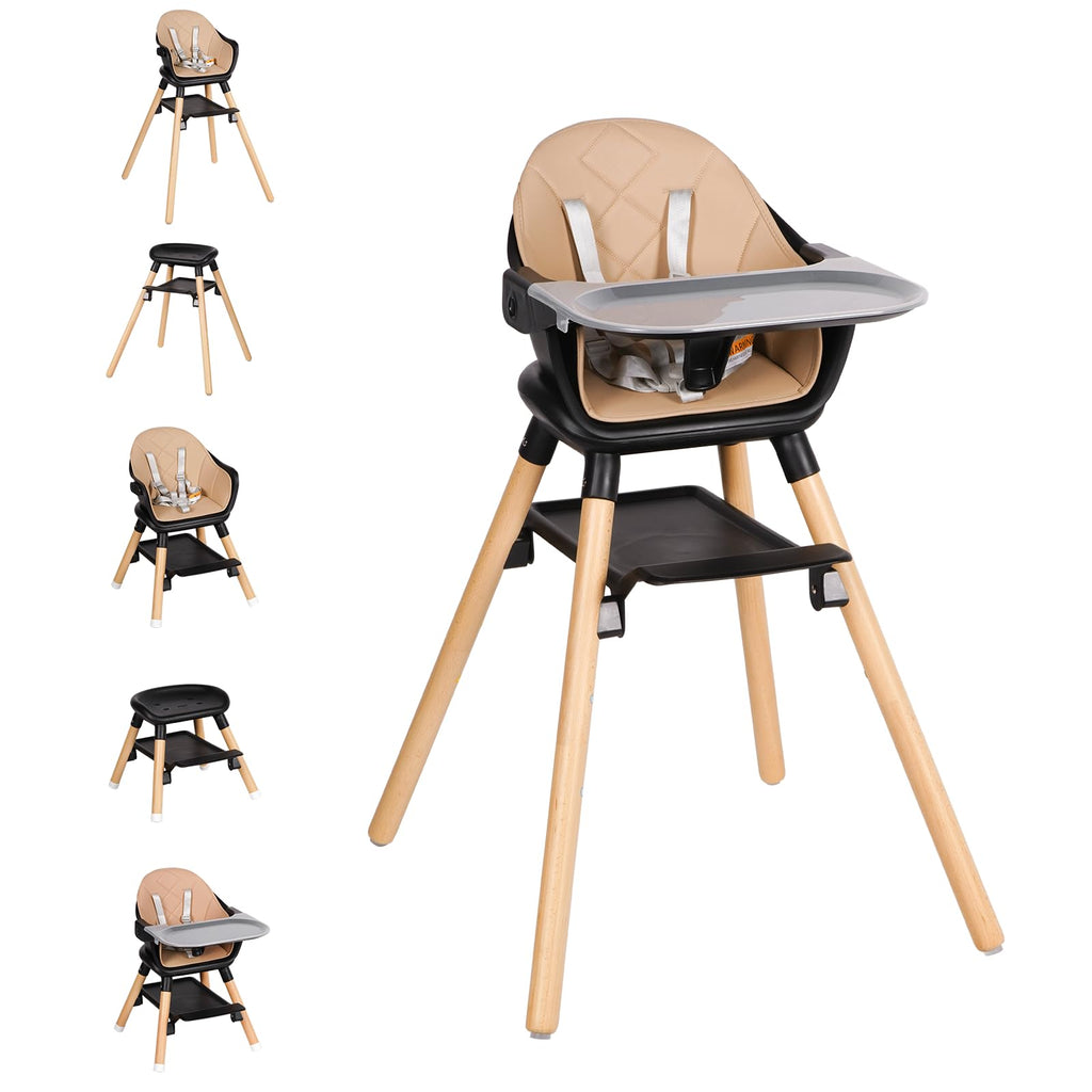 Komcot High Chair, 6 in 1 Wooden Convertible High Chairs for Babies and Toddlers, Booster Seat with Double Tray & Reversible Footrest Baby Highchair, 5-Point Harness Baby Feeding Chair, Black