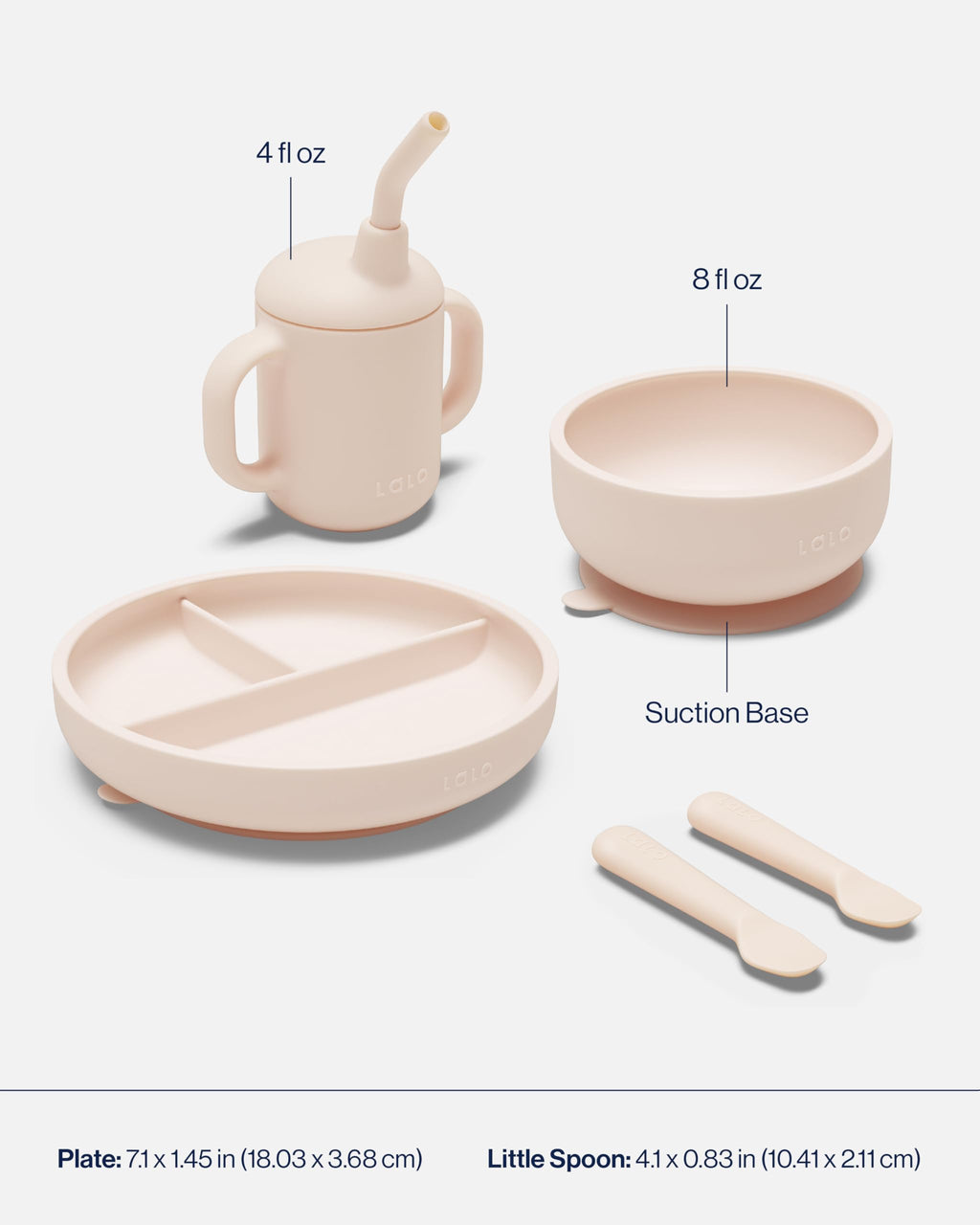 Lalo First Bites Silicone Baby Feeding Set - Baby Led Weaning Supplies - Non-Toxic Silicone - Includes 1 Bib, 2 Spoons, Training Cup, Suction Plate and Bowl - 6 Pieces - Grapefruit