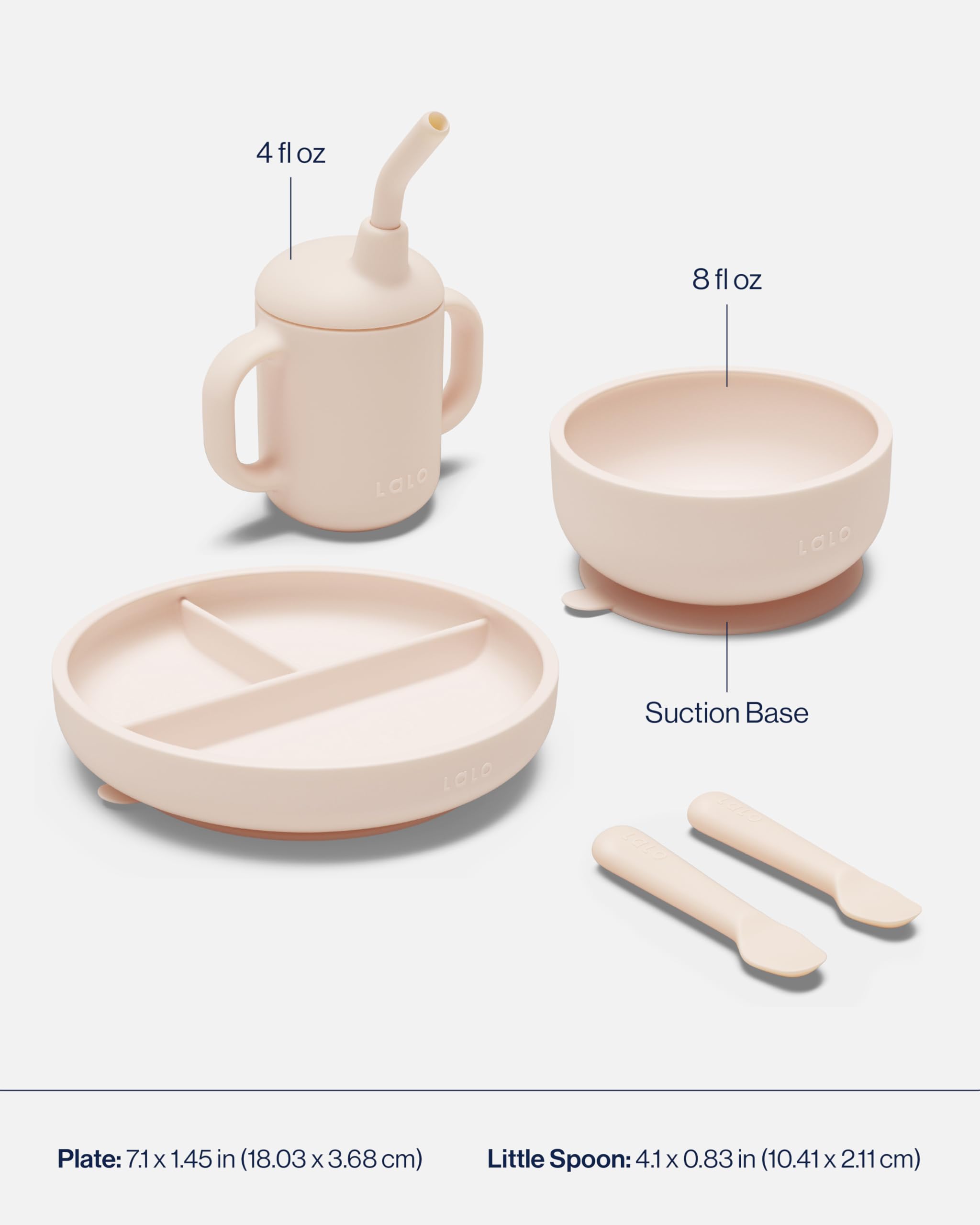 Lalo First Bites Silicone Baby Feeding Set - Baby Led Weaning Supplies - Non-Toxic Silicone - Includes 1 Bib, 2 Spoons, Training Cup, Suction Plate and Bowl - 6 Pieces - Grapefruit