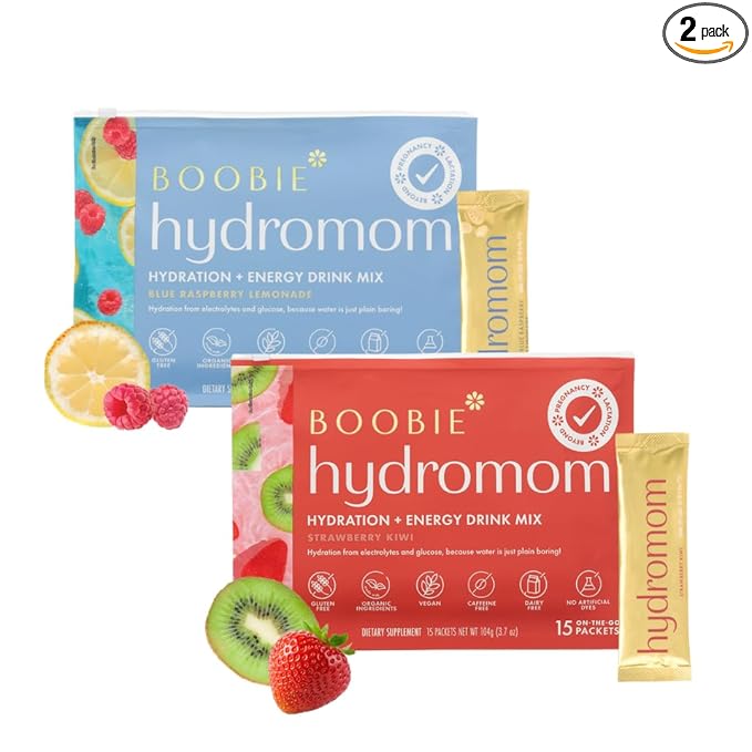 Boobie Hydromom Superfood Electrolyte Drink Mix, Strawberry Kiwi + Blue Raspberry Lemonade | Refreshing Energy, Hydration Boost | On-The-Go Travel Essential for Pregnancy, Lactation, & Beyond - 2 Pack