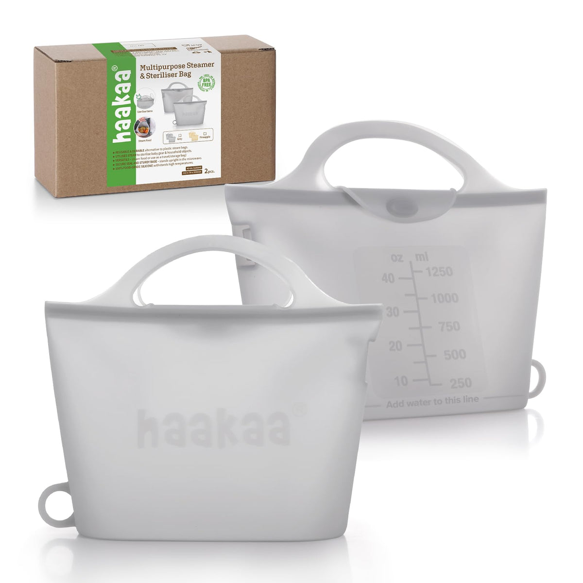 Haakaa Silicone Travel Microwave Steamer & Steriliser Bag, 30oz/900ml Reusable Silicone Steaming Bags for Baby Small Items, Pacifiers, Teethers or Baby Cups, Great for Home and On-The-Go, Grey/1PC