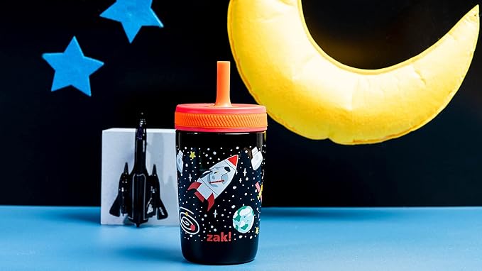 Zak Designs Kelso Toddler Cups For Travel or At Home, 12oz Vacuum Insulated Stainless Steel Sippy Cup With Leak-Proof Design is Perfect For Kids (Spaceships)