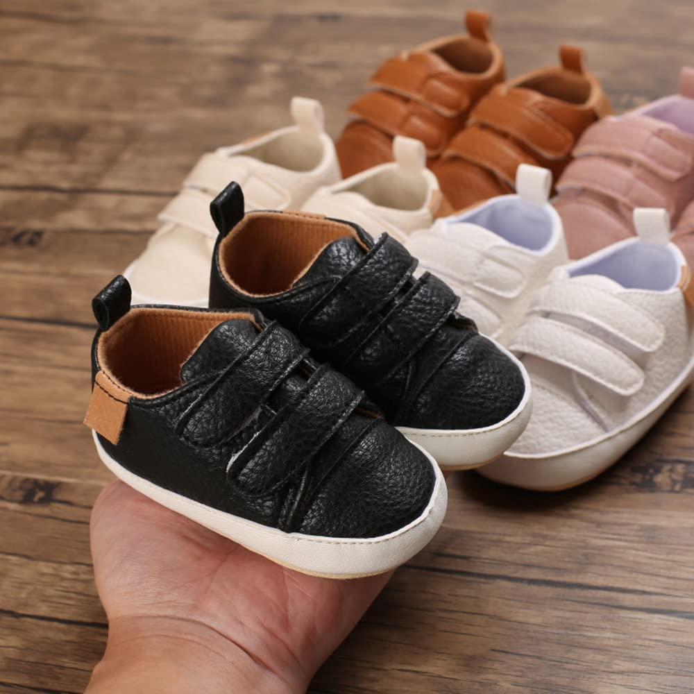 Clowora Baby Boys Girls Shoes Non-Slip Rubber Sole Sneakers Infant First Walking Toddler Crib Shoes Newborn Loafers Flats. (06/Black,0-6 Months)
