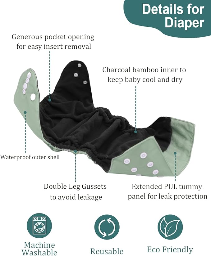babygoal Reusable Charcoal Cloth Diapers with Double Gussets, 3 Pack Washable Baby Pocket Diapers with 3pcs Charcoal Inserts and Wet Dry Bag(Dark Grey,BeanGreen,Lake Blue)