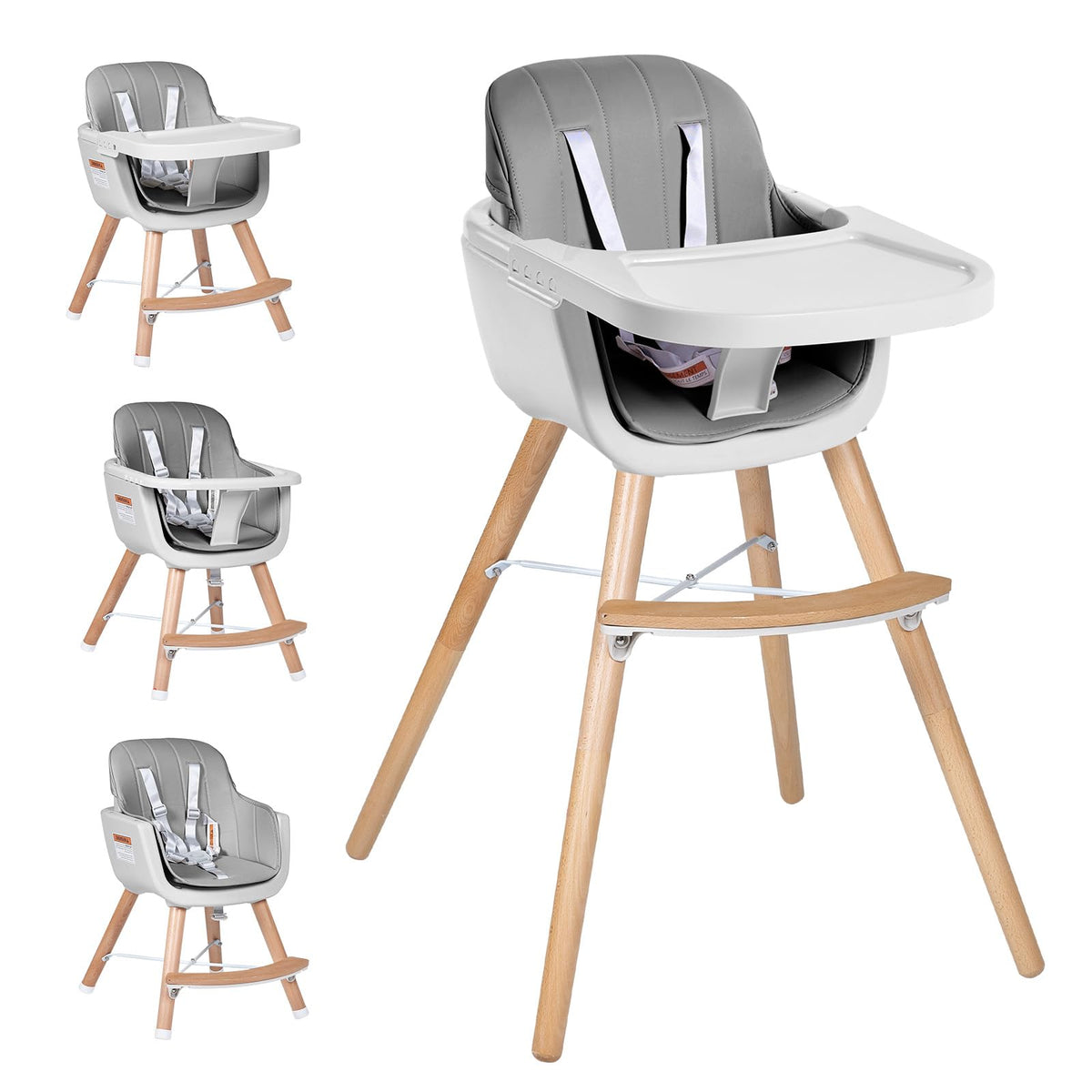 High Chairs for Babies and Toddlers,3 in 1 Convertible Wooden highchair, Baby High Chair with Adjustable Legs,5 Point Harness, Footrest, Dishwasher-Safe Tray & PU Leather Cushion, Beige