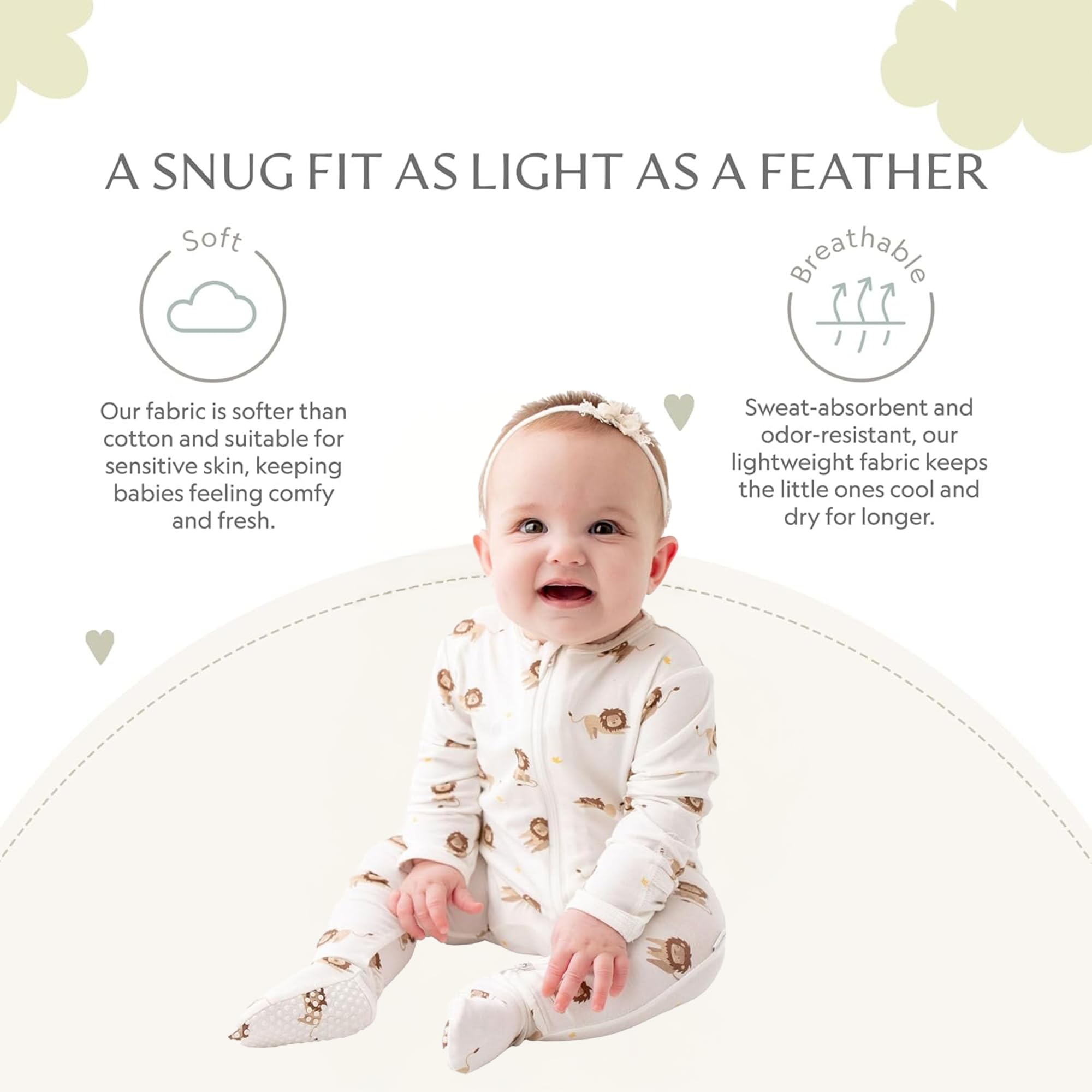 Bamboo Little Soft Baby Footie Pajamas, Baby Clothes, Newborn Sleepers, 95% Viscose and 5% Spandex, Lion, 0-3 Months