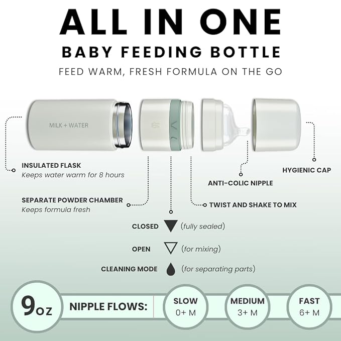 MILK & WATER All in One Baby Bottle & Baby Formula Dispenser On The Go, 9oz - Keeps Water Warm & Formula Fresh - Baby Formula Mixing Bottle with Anti Colic Nipple - Leak-Proof - 3+ Months (Green)