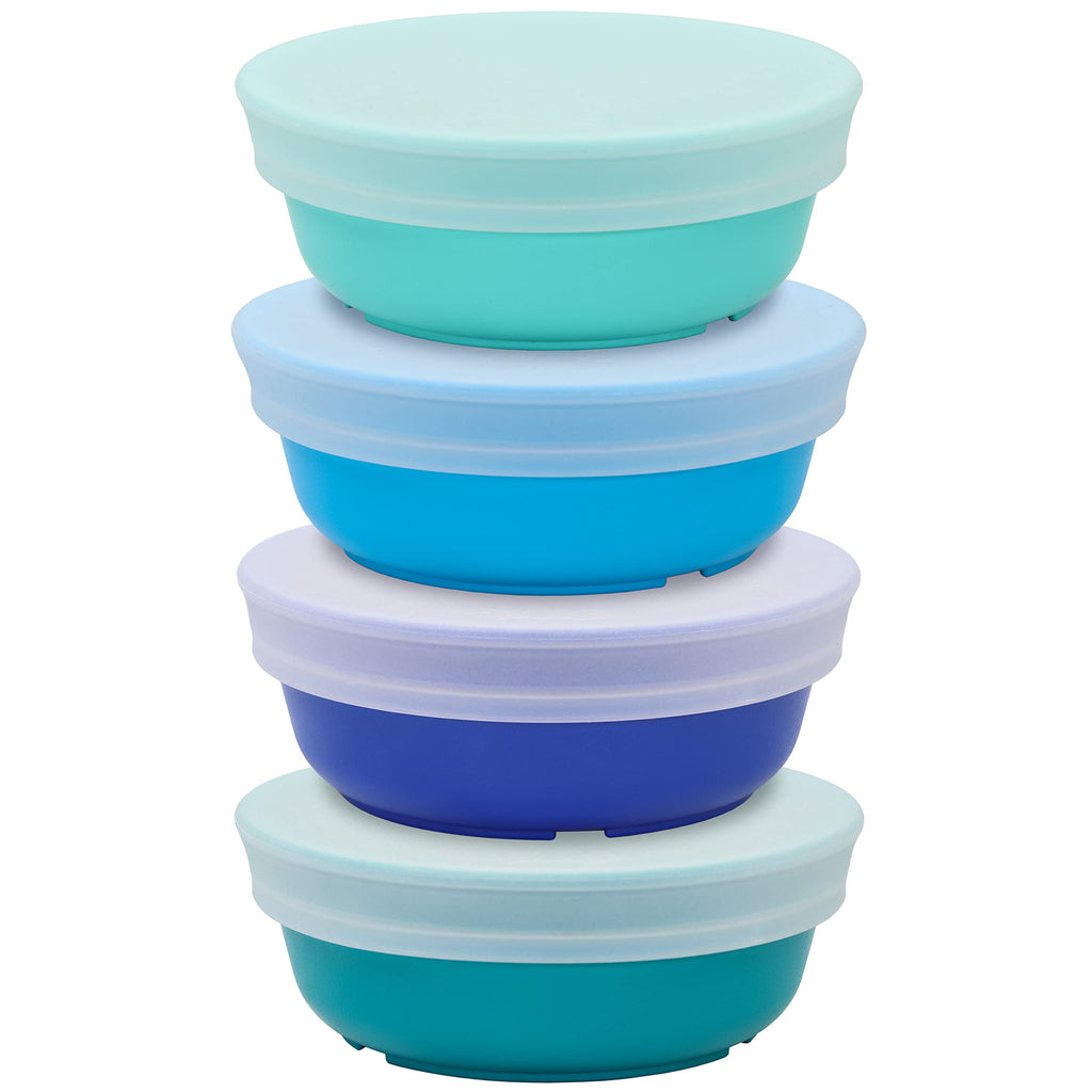 Re-Play 12 oz. Toddler Bowls Set of 4 with Lids - Kids Deep-Walled, Durable & Reusable Snack and Meal Bowls, Dishwasher & Microwave Safe, BPA-Free, Made in USA from Recycled Plastic, True Blue