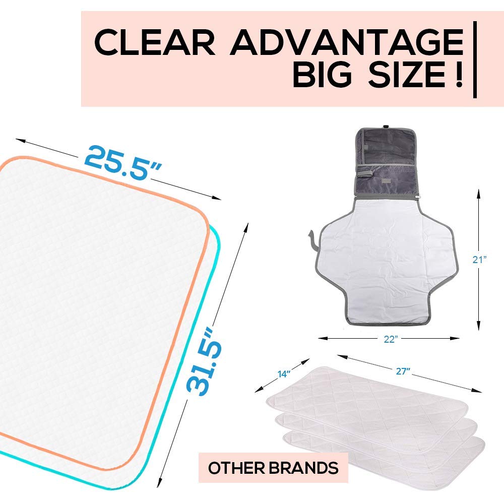 Portable Changing Pad - Waterproof Reusable Baby Changing Mats for Girls Boys - Large Size 25.5”x31.5” Pack of 2 - Reinforced Seams & Free Storage Bag - Change Diaper Mat On the Go - Warranty 2 y