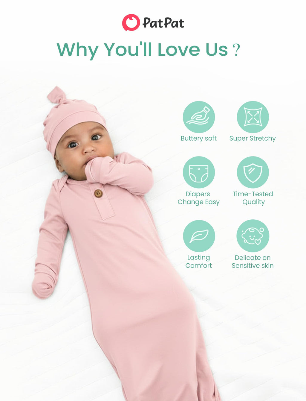 PATPAT Baby Sleeper Gown with Bamboo Viscose for Newborn Girls Boys, Knotted Nightgown with Mittens for Infant Home Coming, Petal-Hat, 3-6M