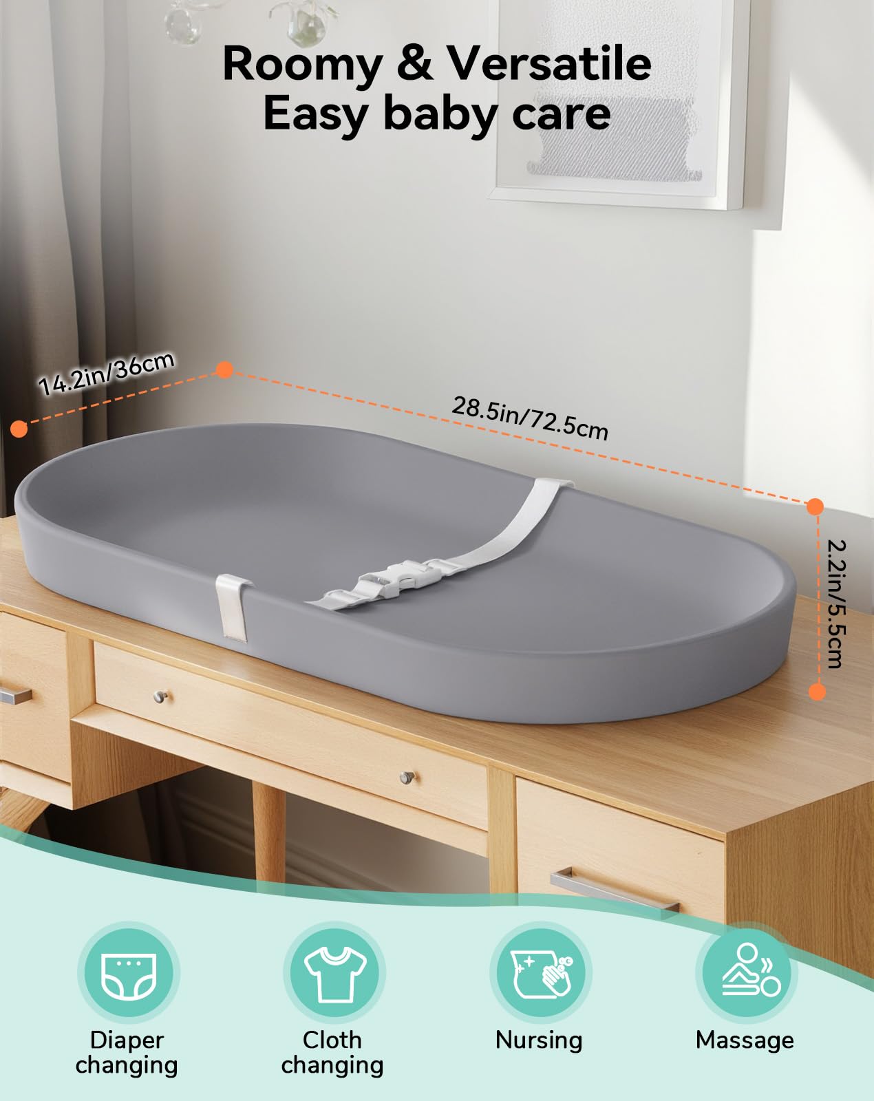 COMOMY Baby Changing Pad for Dresser - Wipeable Changing Pad with Restraining Belt, Waterproof, Soft, Lightweight and Portable, Easy to Clean for On The Go Diaper Change, Grey