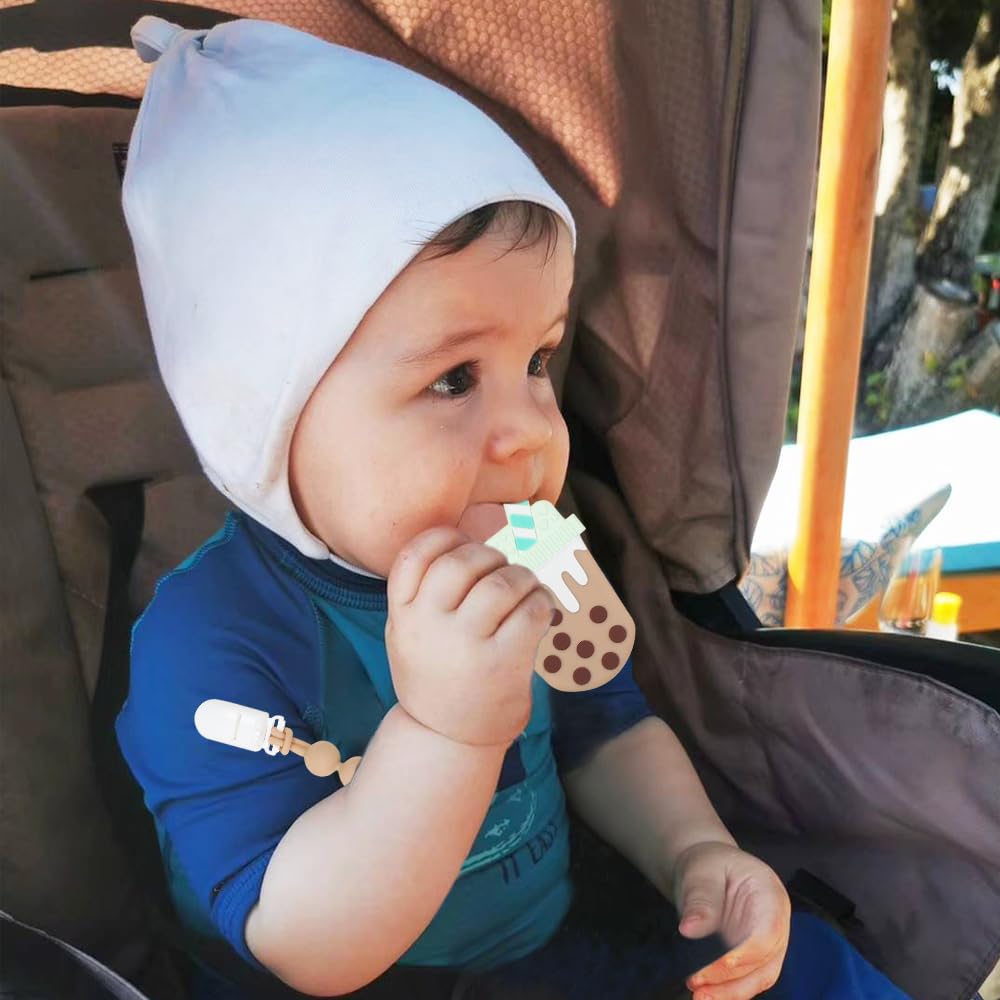 Baby Food Grade Silicone Bubble Tea Cup Teething Toys with Pacifier Clip