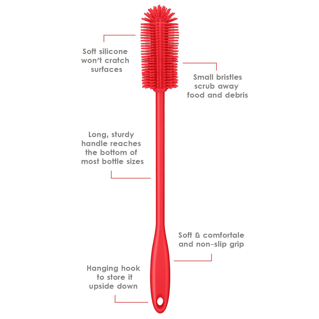 Purtribe Silicone Bottle Brush, Long Handle Bottle Cleaner Brush, Red