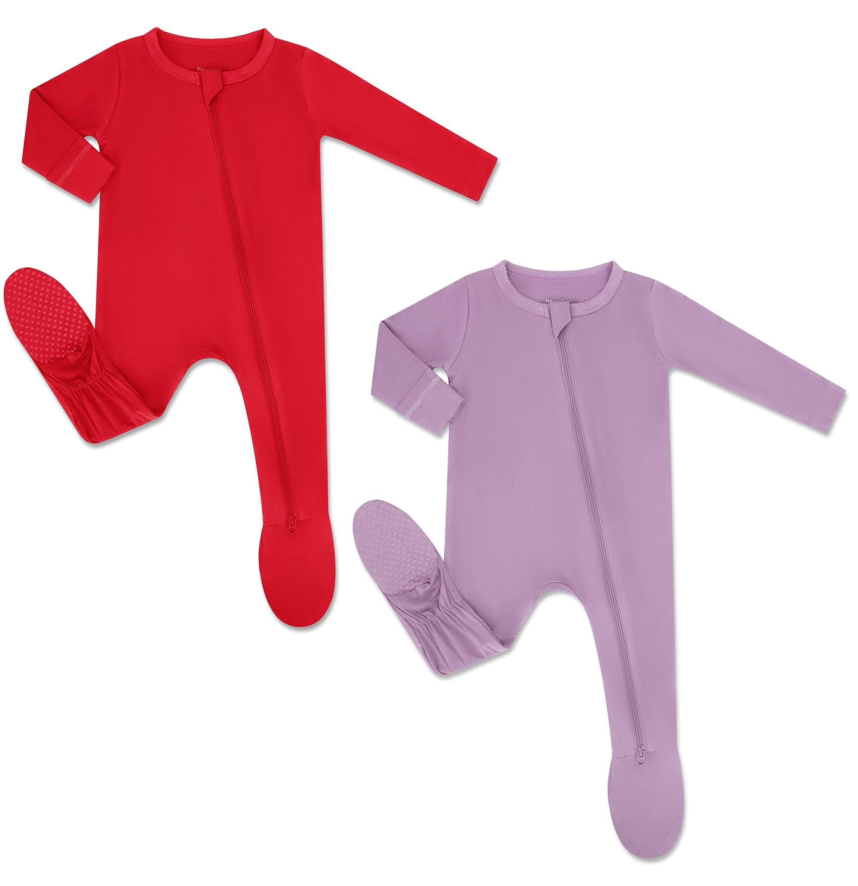 HAPIU Rayon from Bamboo Baby Footed Pajamas, 2 Way Zipper YKK, Footie for Baby Boy Girls, Newborn-24 Months, 2-Pack, Molten Lava & Tulipwood, 0-3 Months