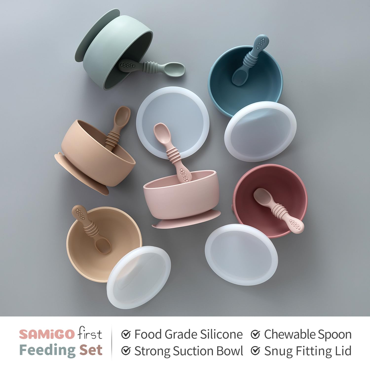 SAMiGO Silicone Baby Suction Bowl with Lid and Self Feeding Spoon Set