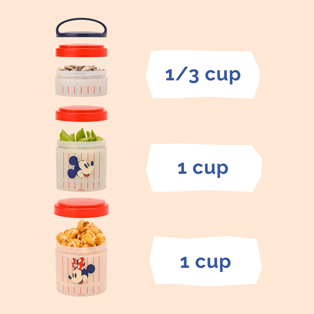 Whiskware Disney Mickey Mouse and Friends Stackable Snack Containers for Babies, Toddlers, and Kids, 3 Stackable Snack Cups for School and Travel, Cupholder Friendly, Mickey and Minnie! Baseball!