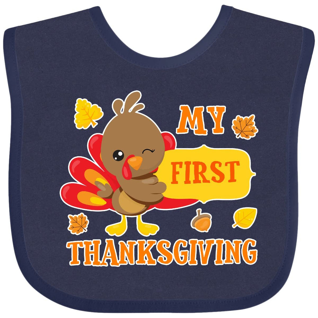 inktastic My First Thanksgiving with Turkey and Leaves Baby Bib Navy Blue 2c777