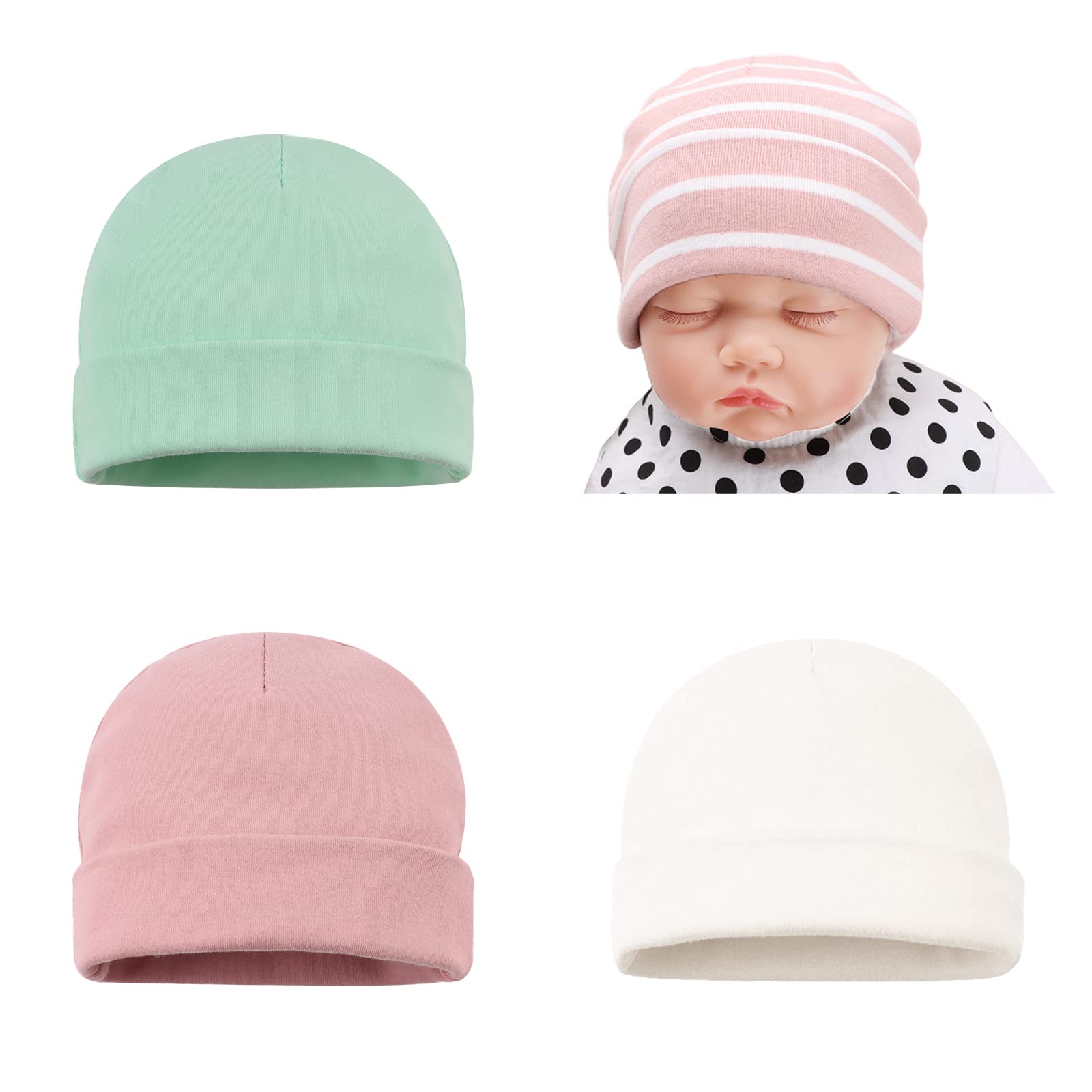 Bamery Cotton Baby Girl Hat Preemie Boys Beanie Newborn Hospital Hats Winter Infant Hats for Girls (4PACK-H, Preemie)