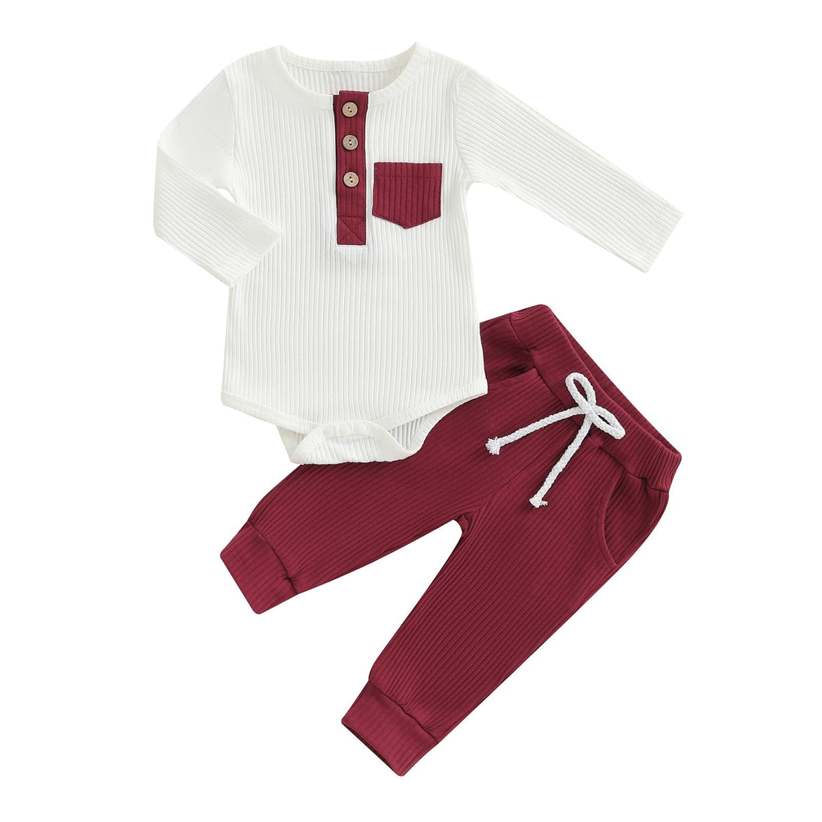 fhutpw Baby Boy Clothes 3 6 12 18 Months Ribbed Knitted Long Sleeve Romper and Pants Sets Newborn Fall Splicing Color Outfits (White&Brown, 3-6 Months)