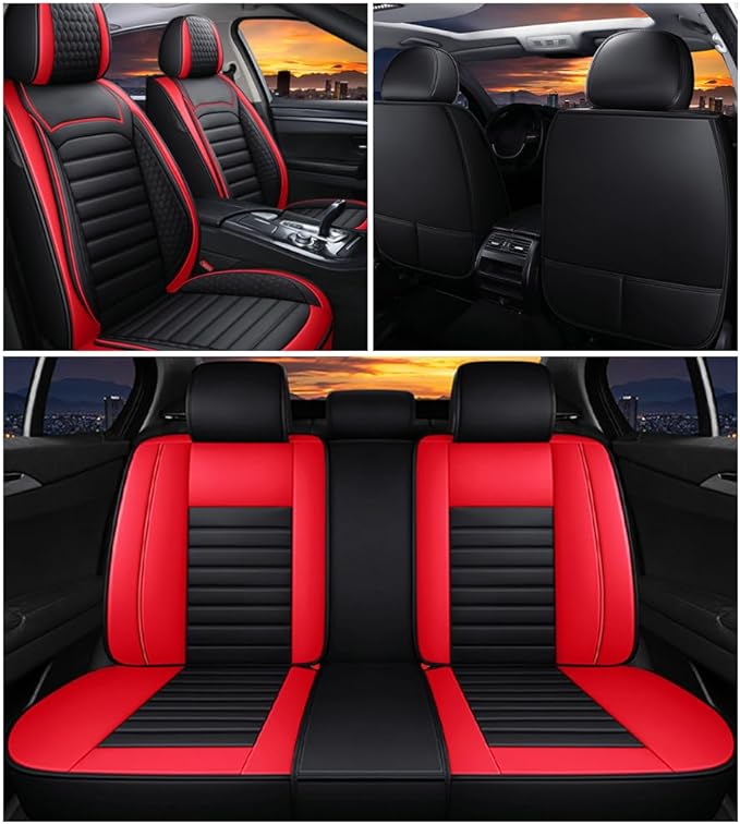 Leather Car Seat Covers for Toyota Corolla 2006-2024,Car Seat Covers Full Set,Seat Covers with Safety,Waterproof Seat Cover Compatible Airbag(5pcs Black&Red Bars Standard)