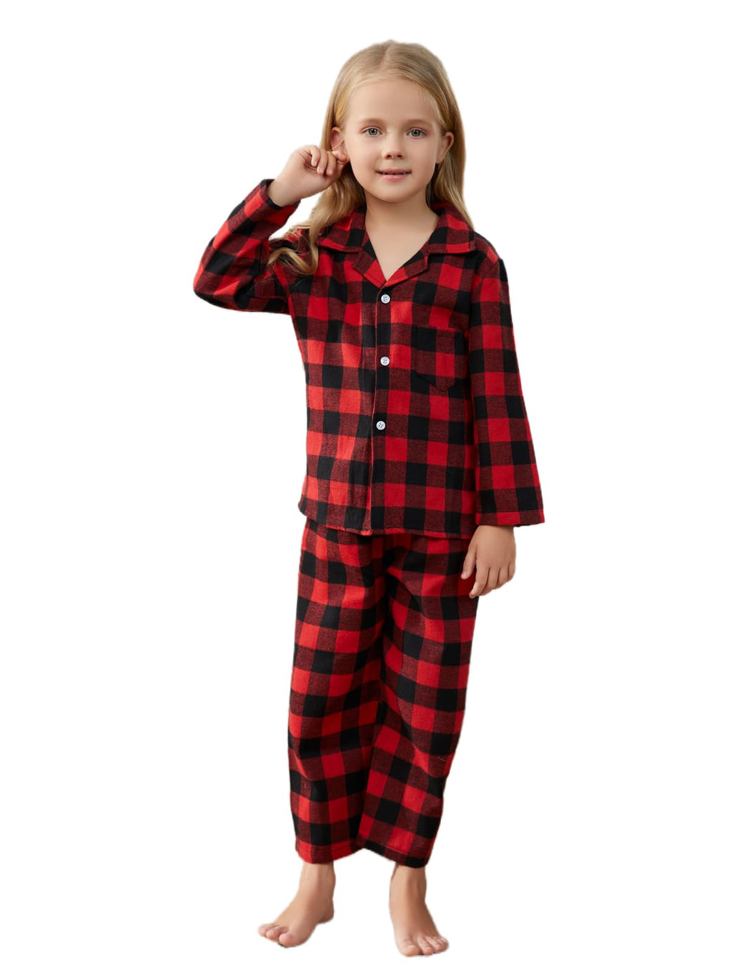 Schbbbta Kids Plaid Pajamas Set, Girls Boys 2-Piece Pajamas Set Long Sleeve Sleepwear Button Down Pjs, Red Black, 5-6 Years = Tag 130
