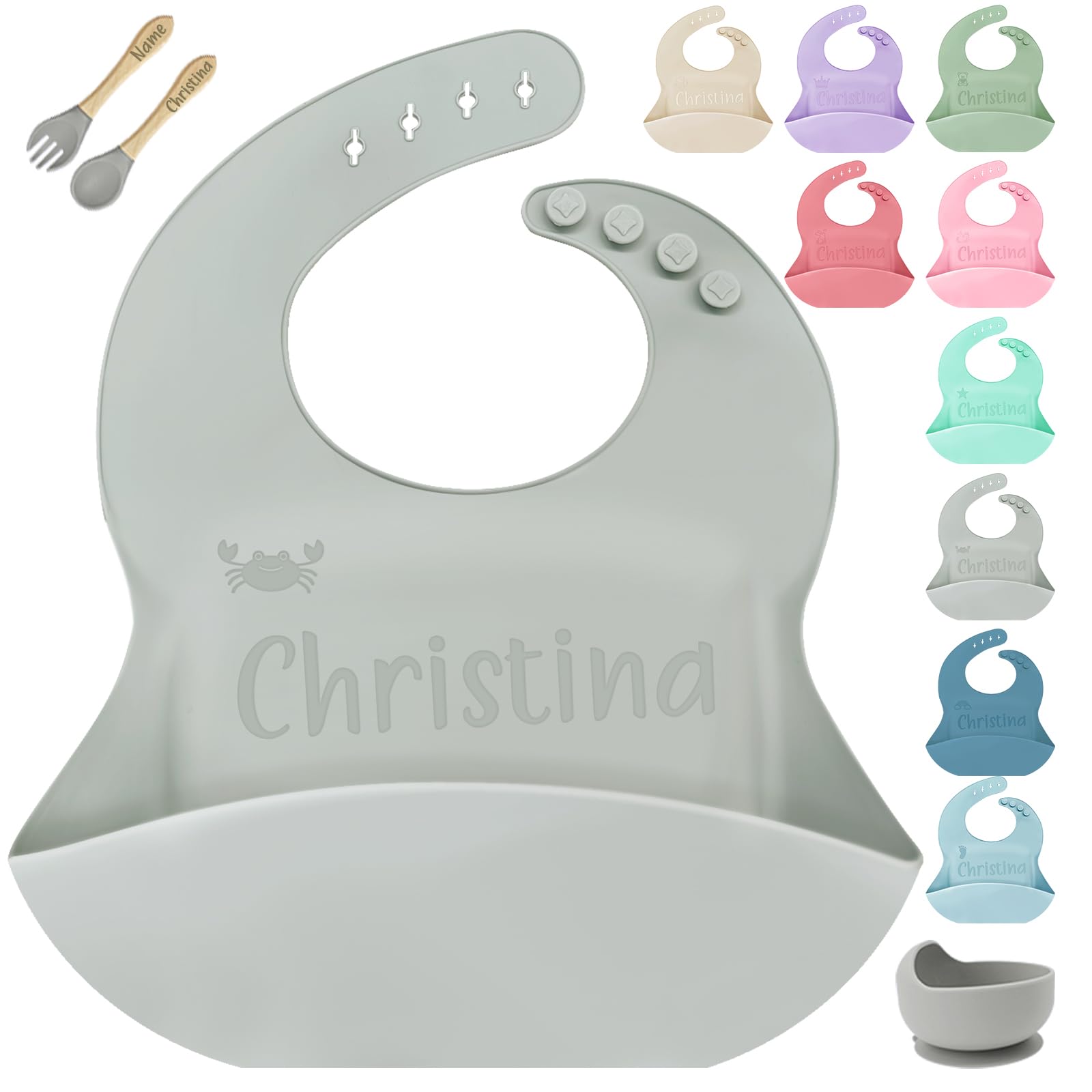 SRdrew Personalized Silicone Bibs Bowl Spoon and Fork Set Custom Engraved Name Icon Toddler Bibs Durable Adjustable for Baby Boy & Girl