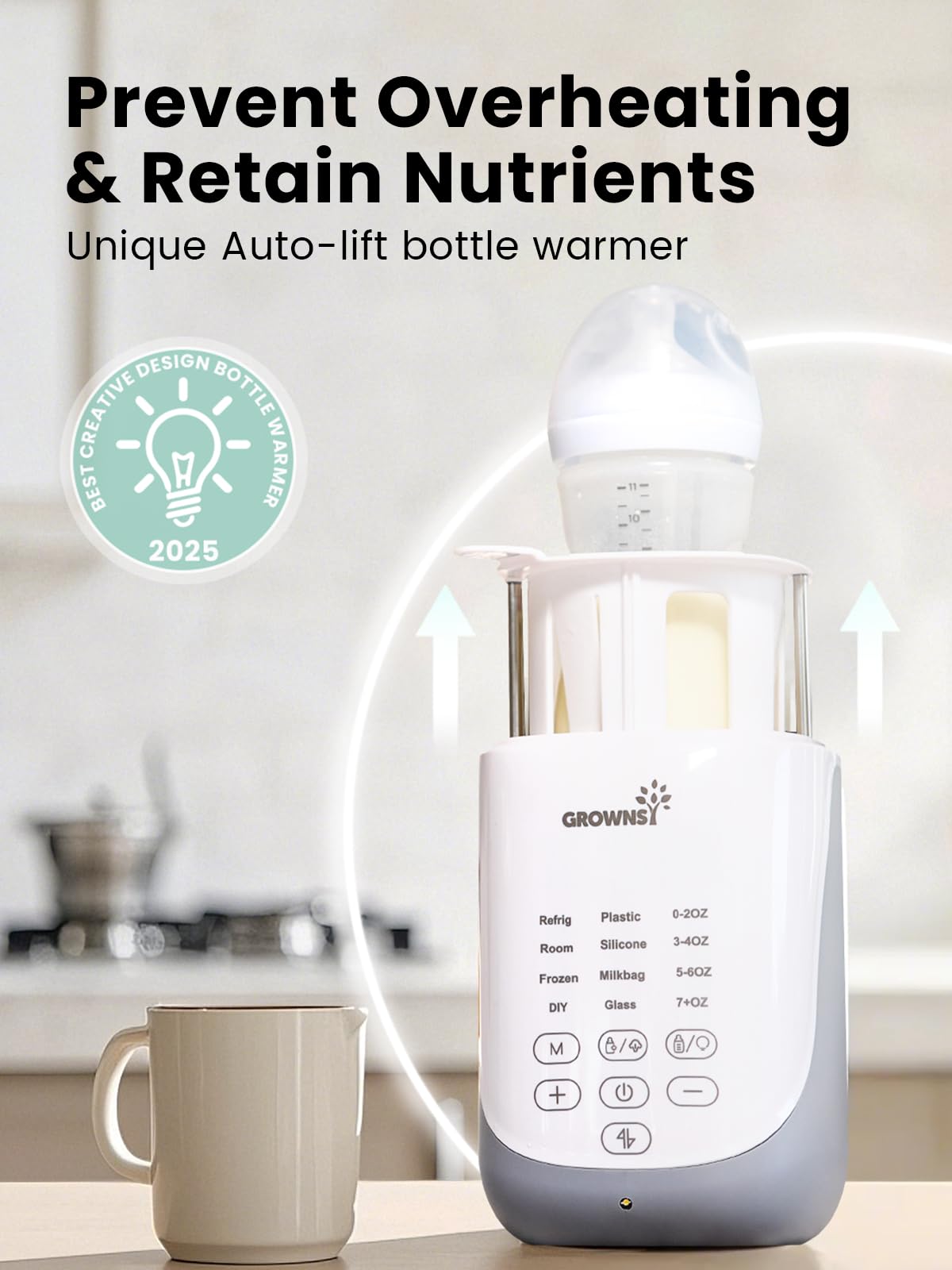 Grownsy Auto-Lift Nutri Bottle Warmer for Breastmilk & Formula, Gray