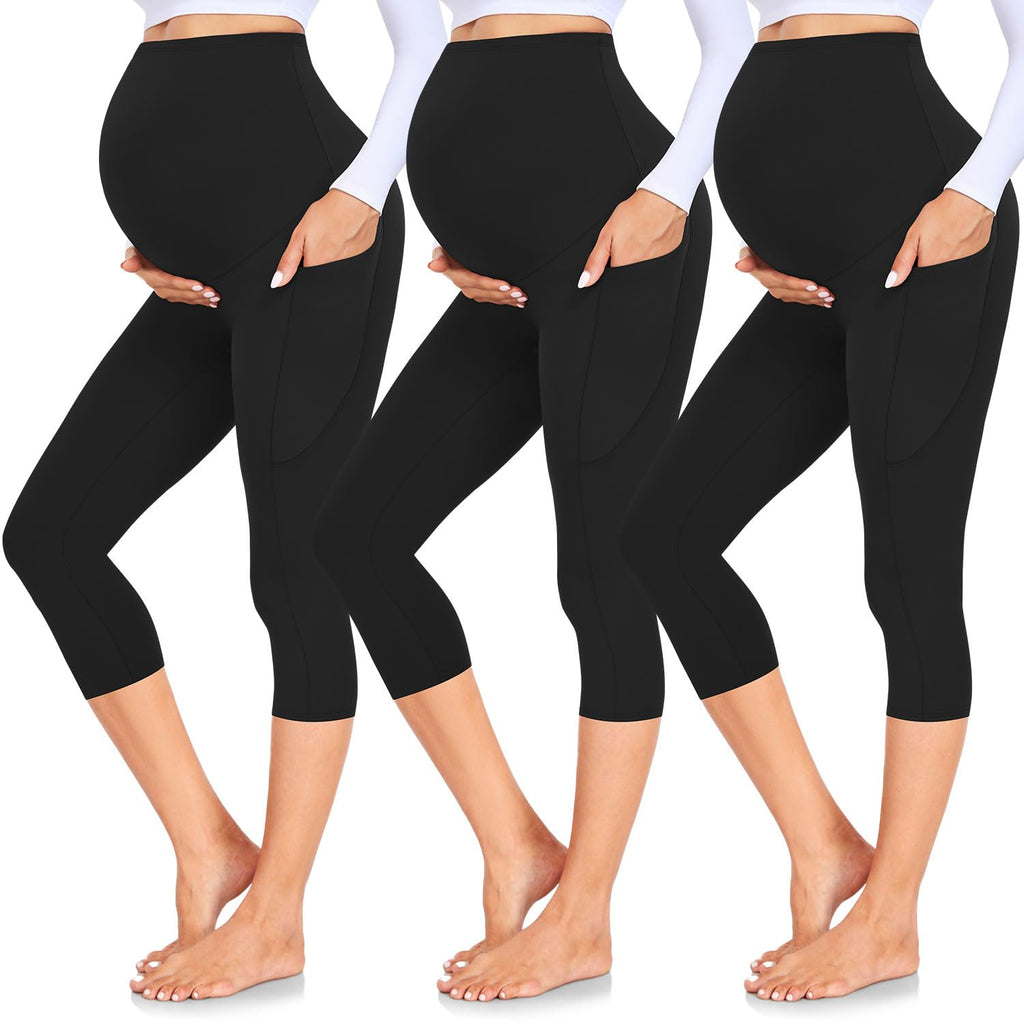 GROTEEN 3 Pack Maternity Capri Leggings with Pockets Over Belly Yoga Pants