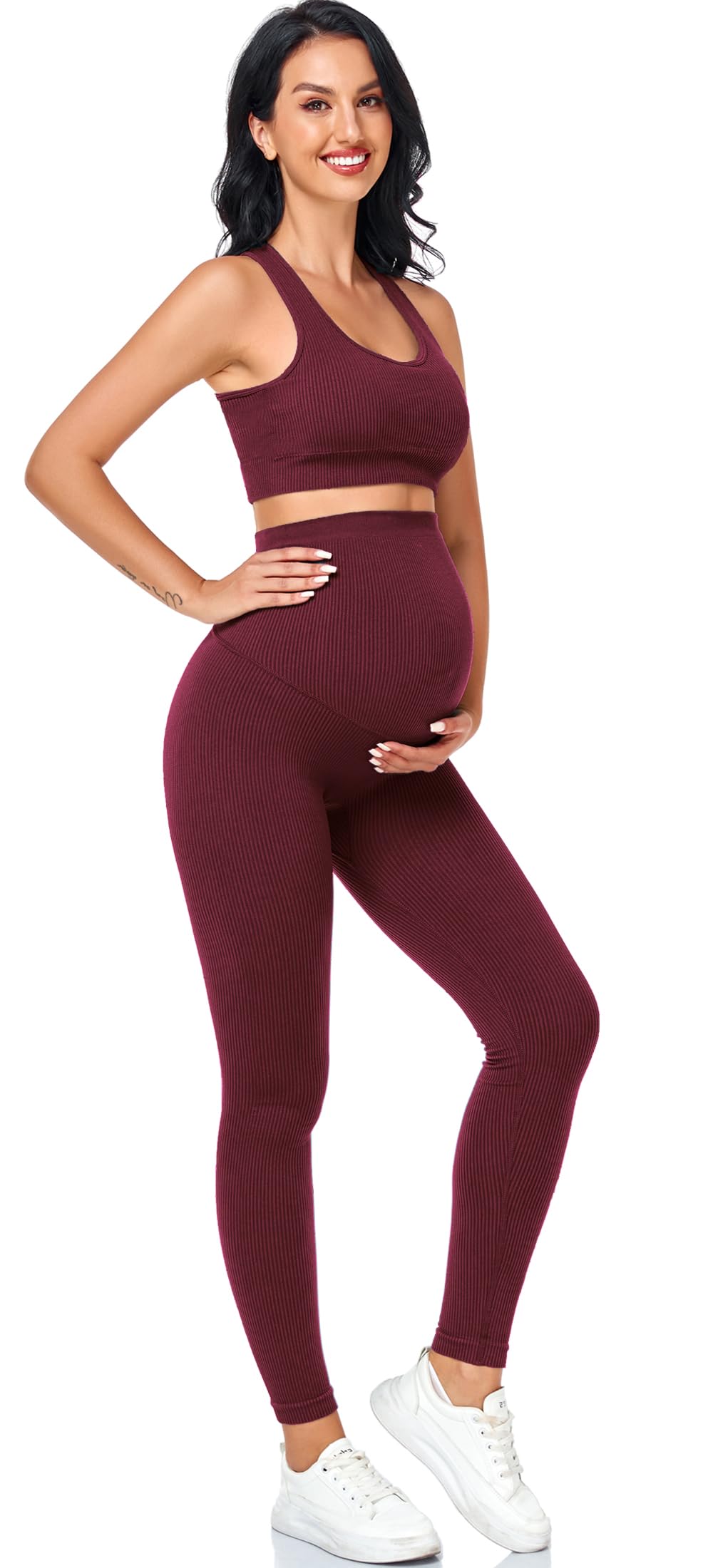 Lataly Maternity Women 2Piece Bra and Pants，Seamless Ribbed Built in Maternity Bra High Waist Elasticity Pregnancy Pant Sets