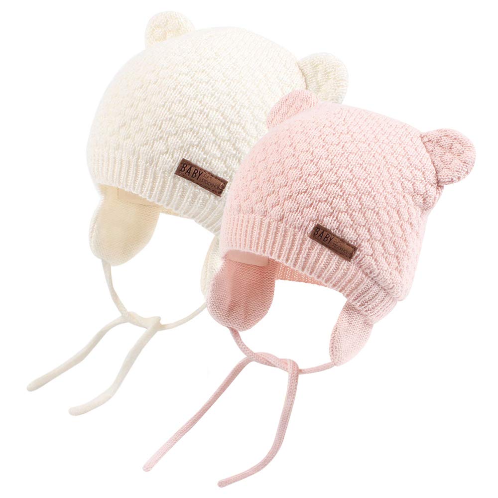 XIAOHAWANG Baby Hat Cute Bear Toddler Earflap Beanie Warm for Fall Winter (A-Set White+Pink, M(6-12 Months))