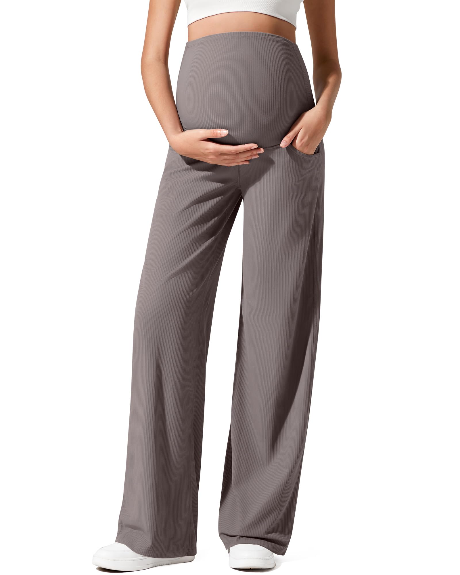 G4Free Maternity Pants for Women Over The Belly Stretchy Wide Leg Yoga Pants Pregnancy Trousers with Pockets(Taupe,M,Regular)