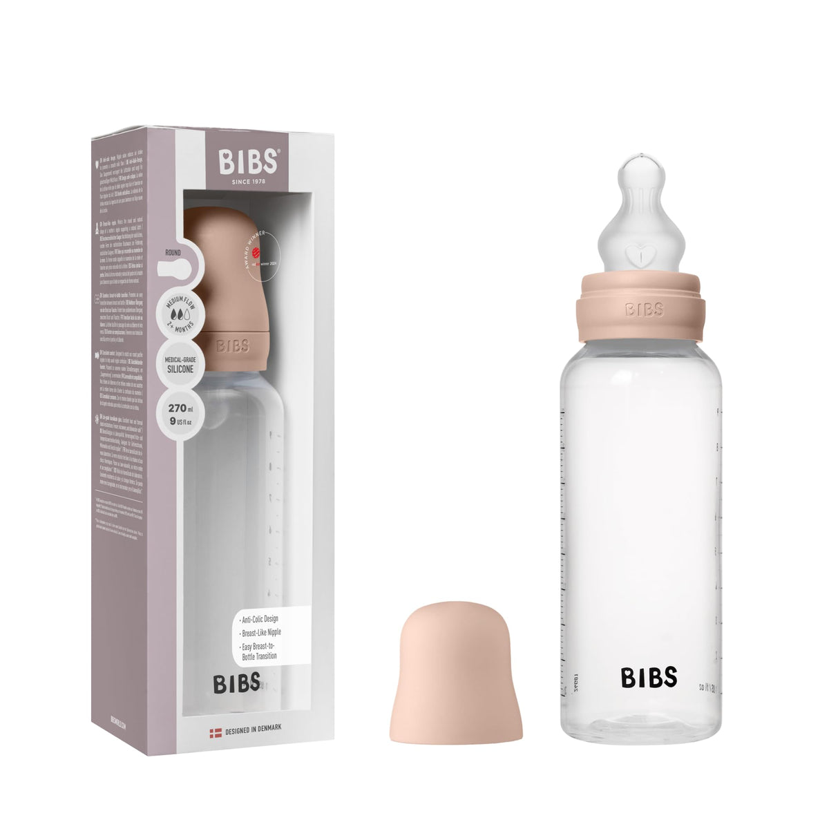 BIBS Plastic Baby Bottle, 270 ml, 1-Pack, Silicone Nipple, Baby Blue